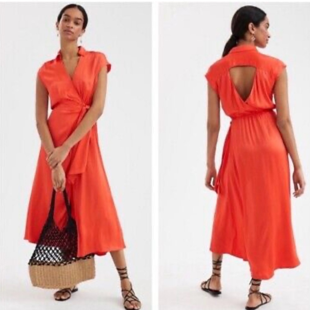 Anthropologie Maeve Coral Satin Wrap Dress